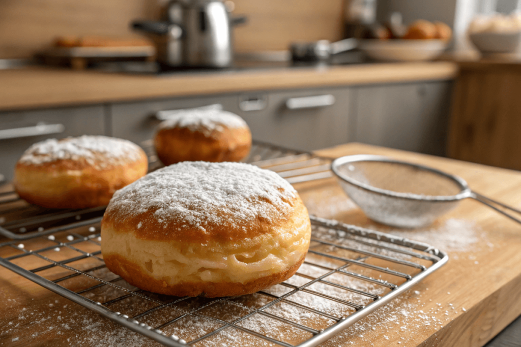 Golden-brown fried dough on a wire rack.