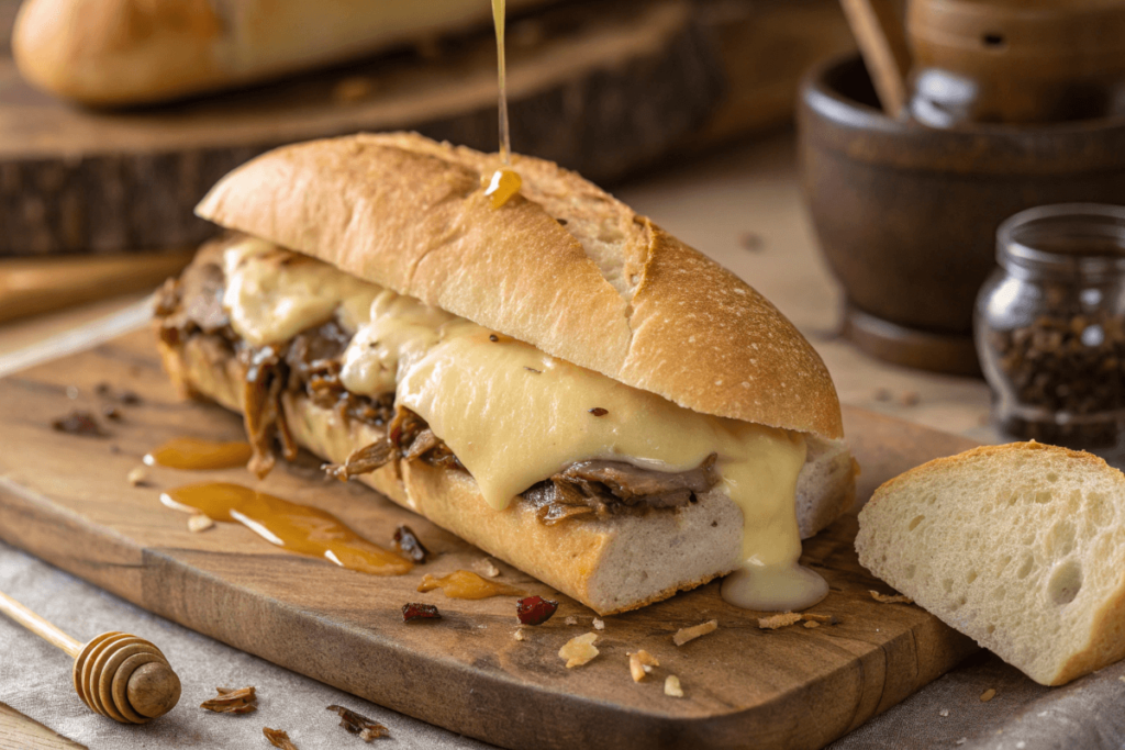 Melted Swiss cheese on French Dip sandwich