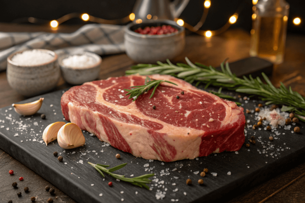 Fresh ribeye steak with marbling on a butcher’s block.