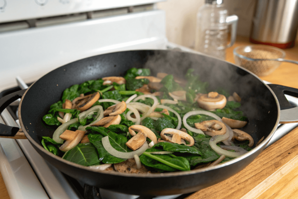 Sautéed mushrooms, onions, and spinach in a skillet