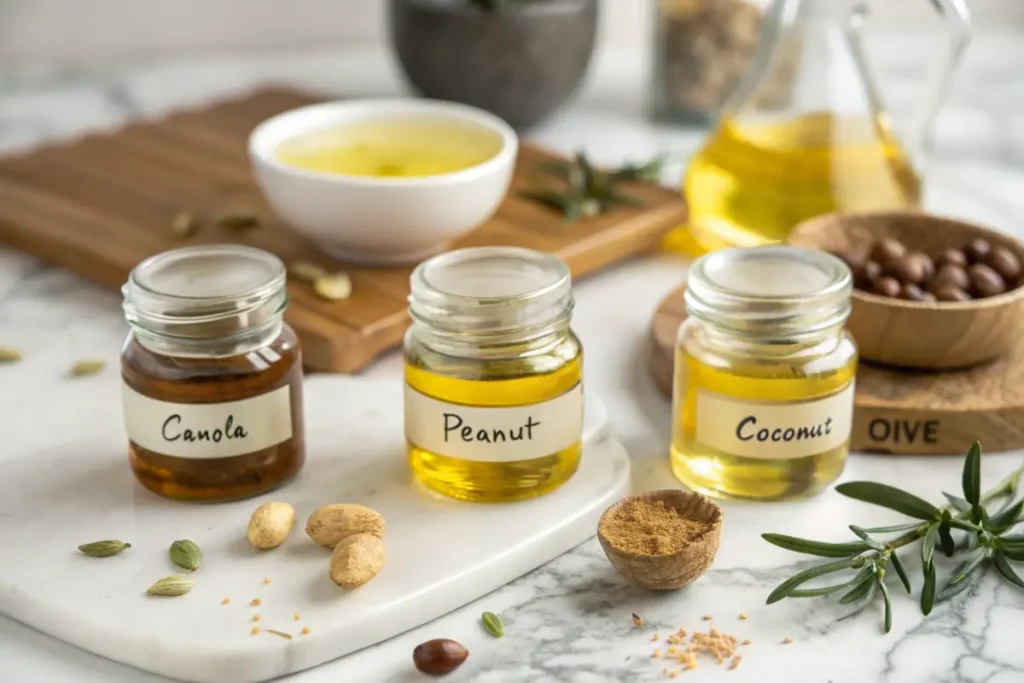 Different oils for frying dough in glass jars