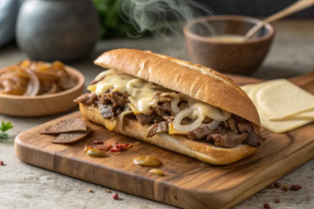 Classic Philly cheesesteak with Cheez Whiz and onions.