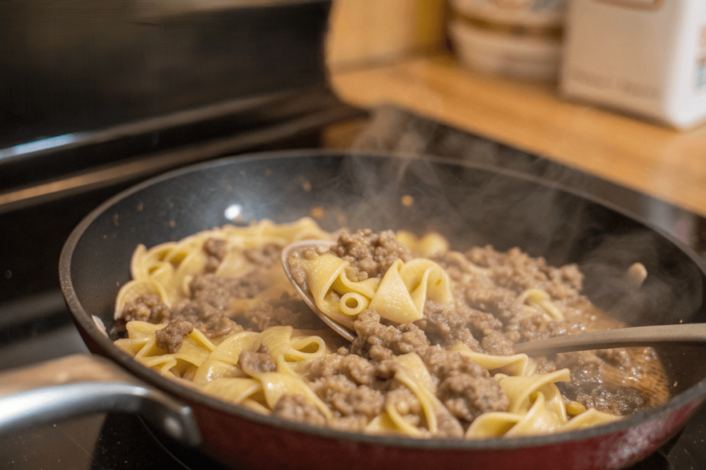  Skillet of Hamburger Helper Beef Stroganoff cooking on a stovetop.