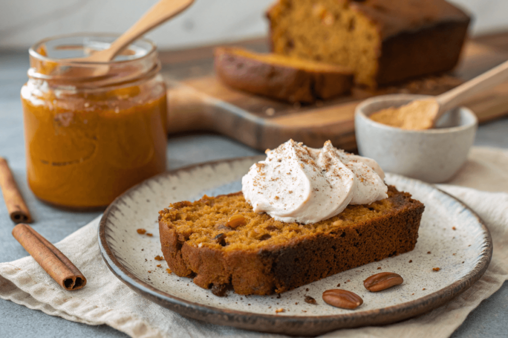  Close-up of a slice of moist pumpkin bread with cream cheese.