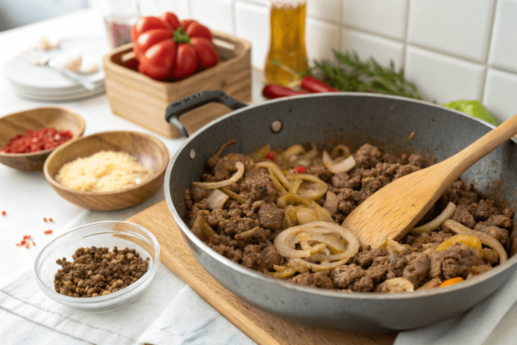 Ground beef and onions cooking in a large pot