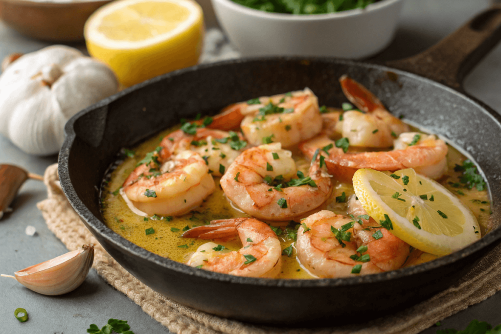 Close-up of shrimp sautéed in butter with parsley.
