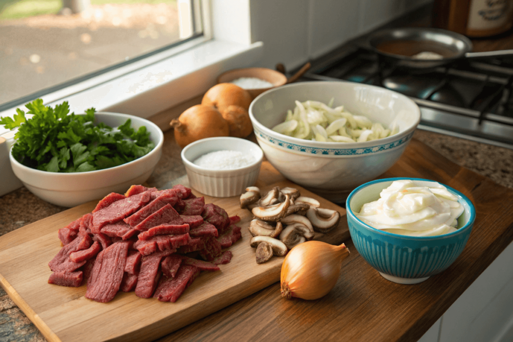 Ingredients for Beef Stroganoff on a wooden countertop