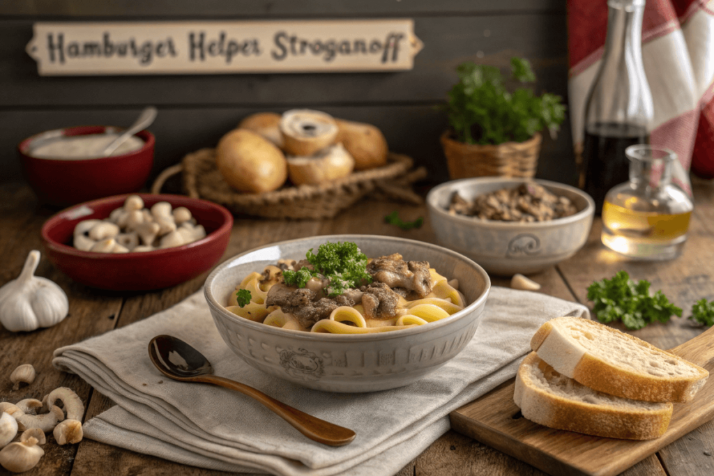 Bowl of Hamburger Helper Stroganoff with fresh garnish