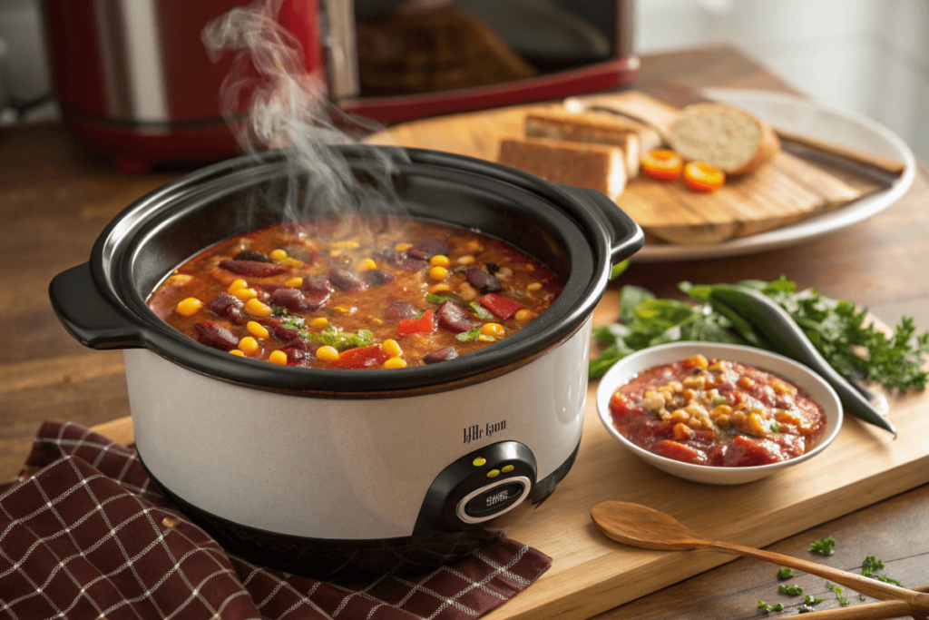 Crockpot filled with simmering 5 ingredient taco soup