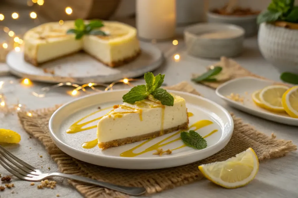 Lemon cheesecake slice with mint garnish and lemon glaze