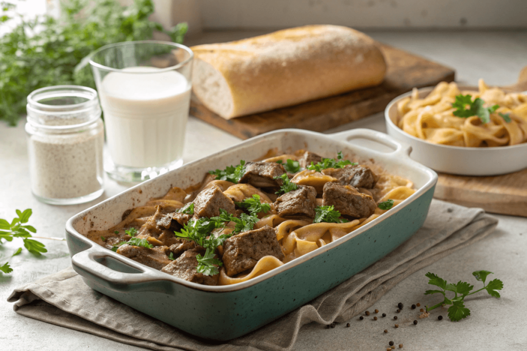 Family-style serving of Beef Stroganoff with a glass of milk and bread.