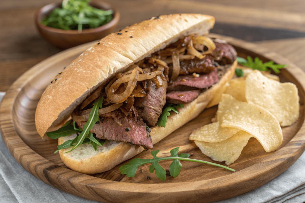 Steak sandwich with caramelized onions and arugula