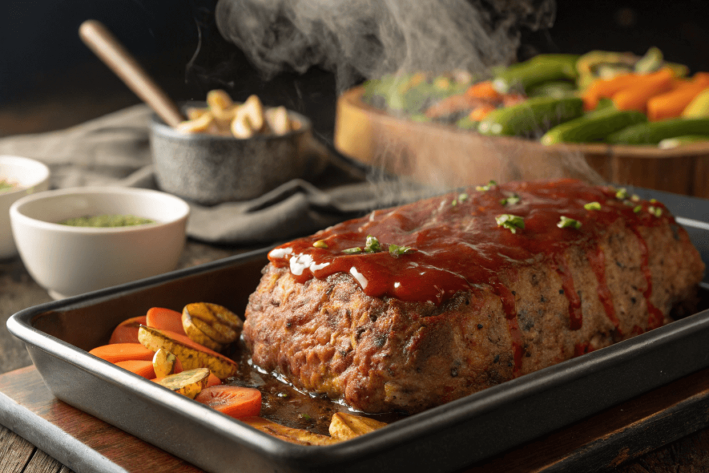 A freshly baked meatloaf with a glossy ketchup glaze on a baking sheet, surrounded by vegetables.