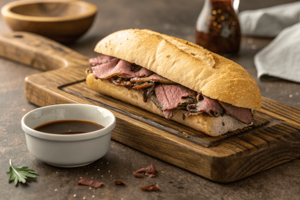 Freshly prepared French dip sandwich with au jus