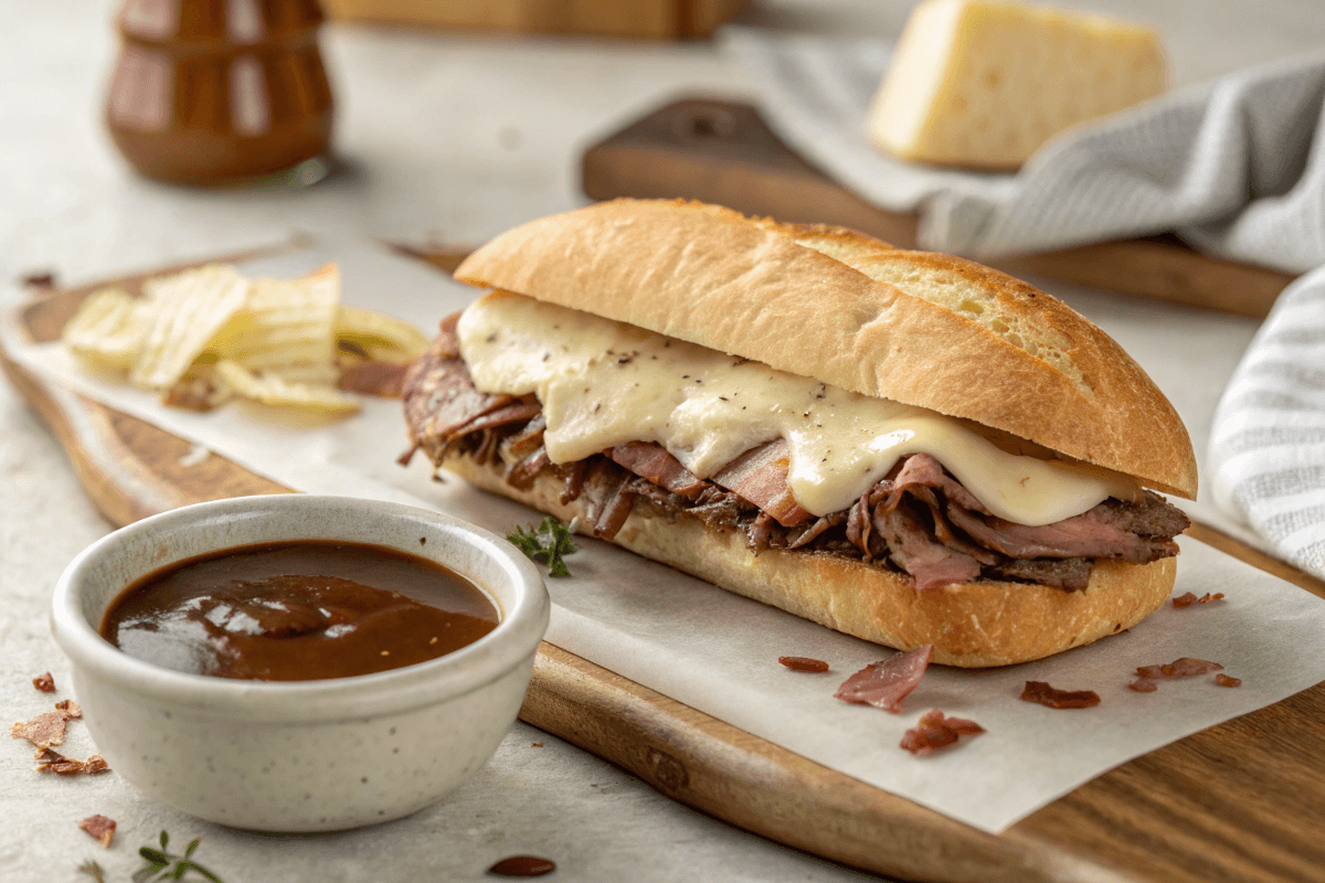 French Dip sandwich with melted Swiss cheese and au jus