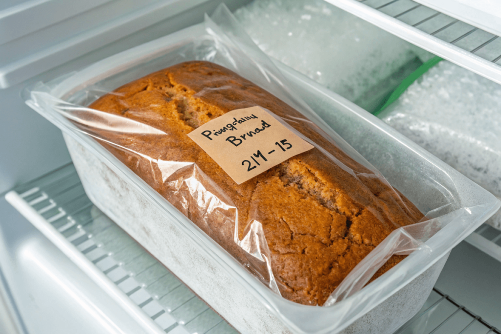 Frozen pumpkin bread wrapped in plastic and foil with a labeled date