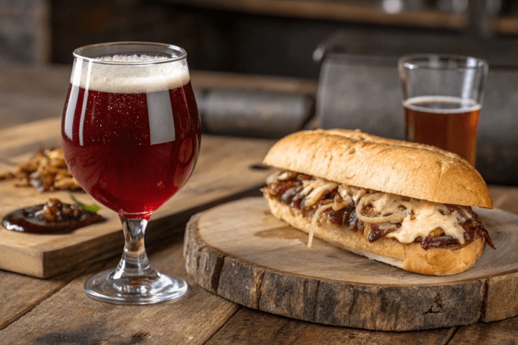 Red wine and craft beer paired with French Dip