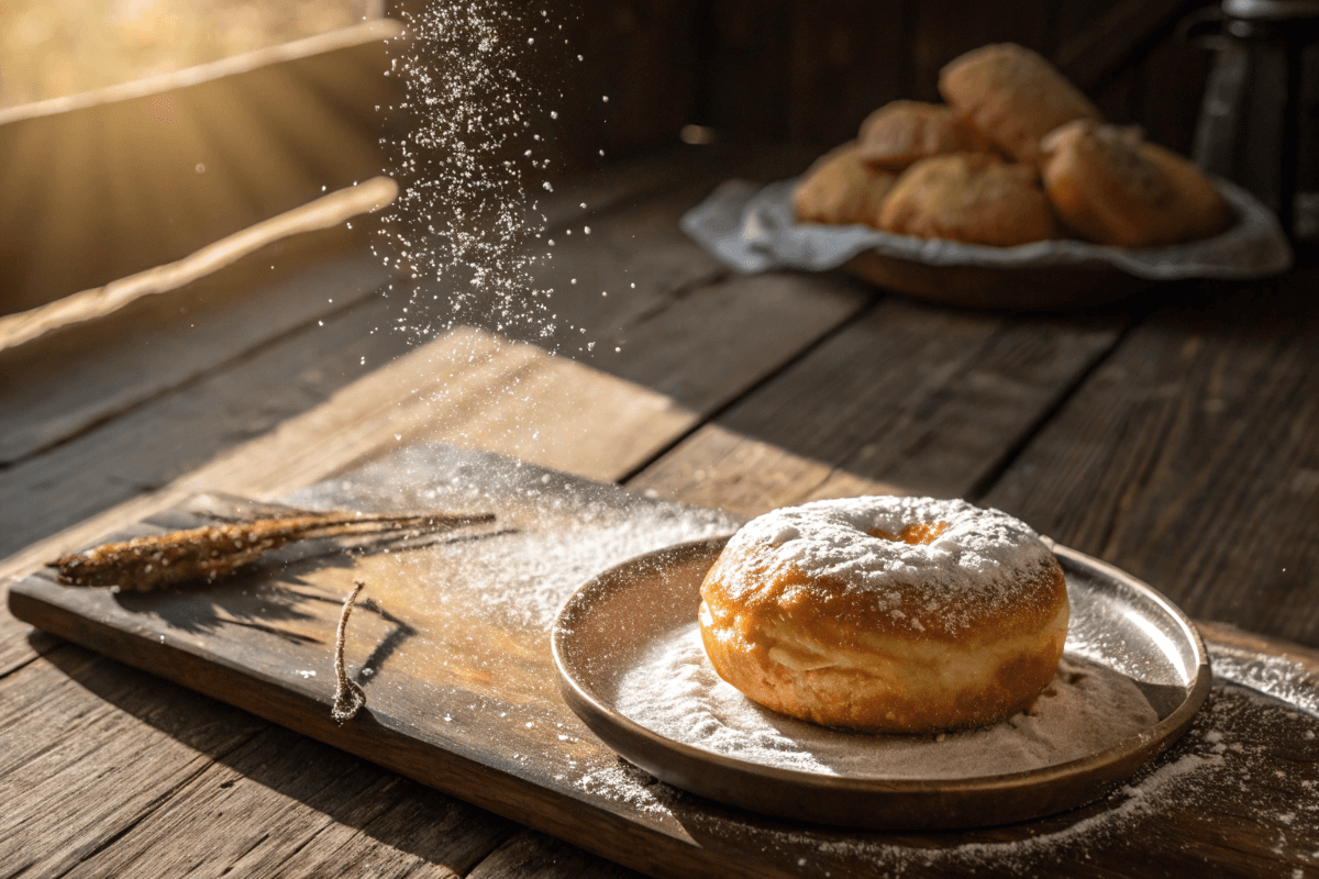 Golden fried dough topped with powdered sugar on a rustic table.