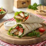 Healthy chicken mayo wrap with fresh vegetables on a wooden plate.