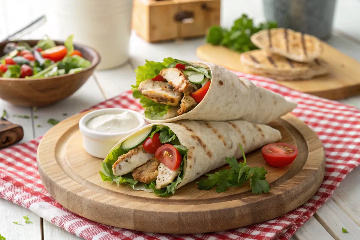 Healthy chicken mayo wrap with fresh vegetables on a wooden plate.