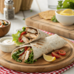 Healthy chicken mayo wrap with fresh vegetables on a wooden plate.