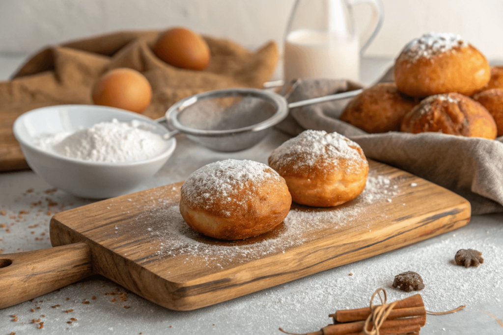 Golden-brown fried dough with powdered sugar