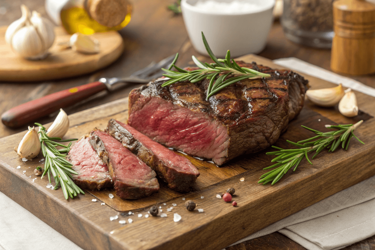 Medium-rare steak served on a rustic board with rosemary