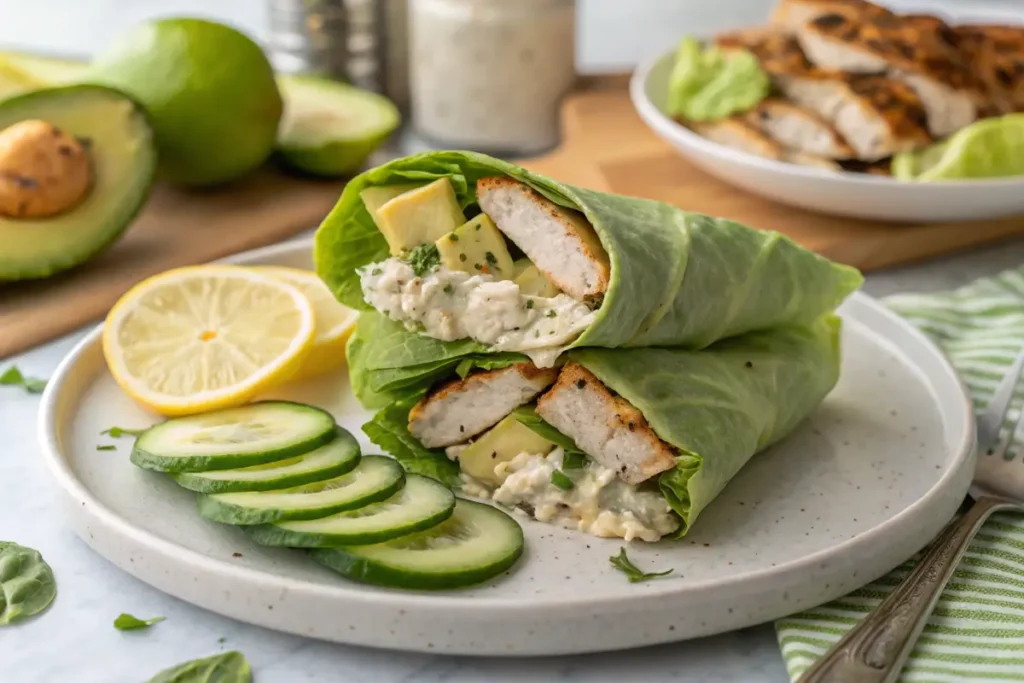 Keto-friendly chicken salad wrap with avocado and lettuce.