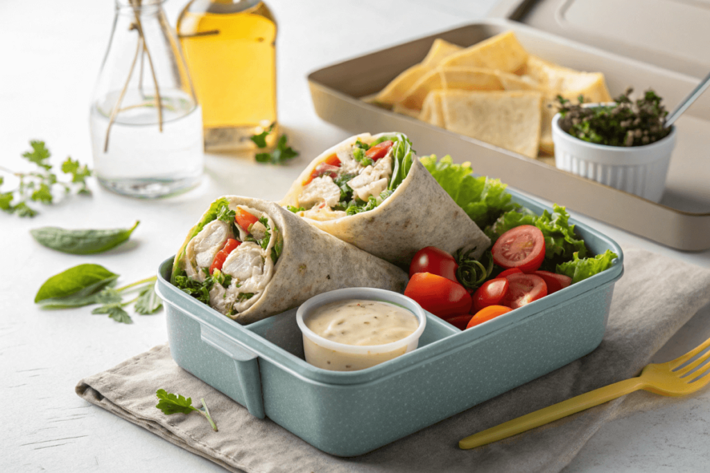 Chicken salad wraps packed in a lunchbox with fresh veggies.
