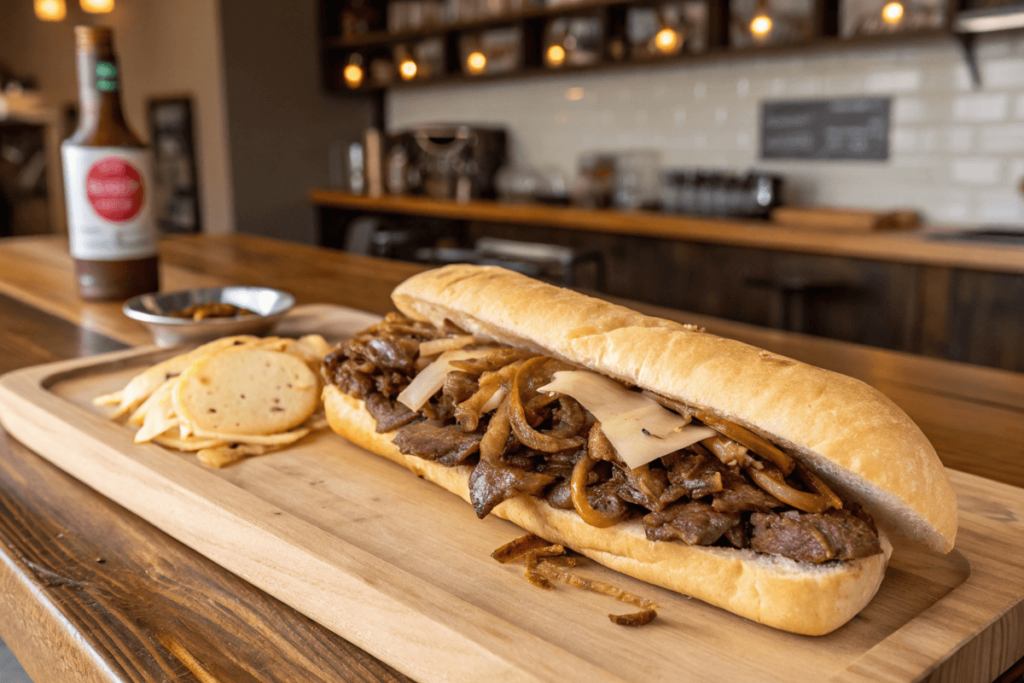 Philly cheesesteak sandwich with ribeye steak and melted cheese.