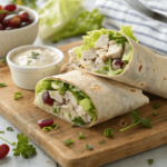 A fresh chicken salad wrap on a wooden board with lettuce and dressing.