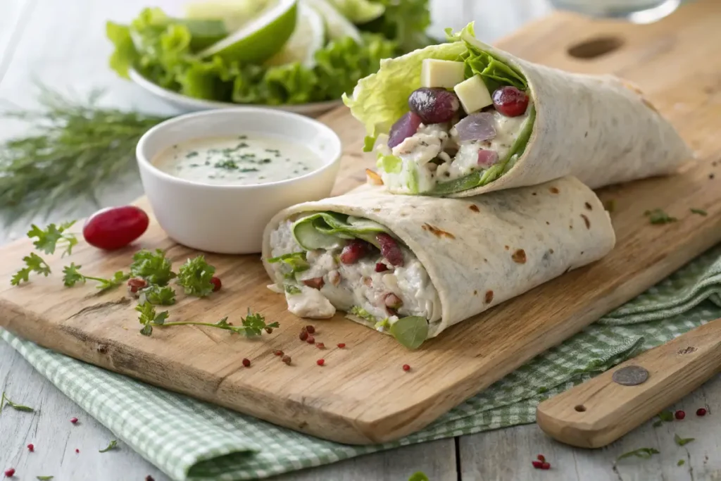 A fresh chicken salad wrap on a wooden board with lettuce and dressing.