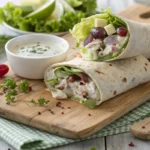 A fresh chicken salad wrap on a wooden board with lettuce and dressing.