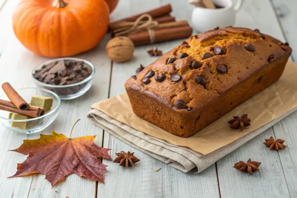 Loaf of chocolate chip pumpkin bread on a rustic table.