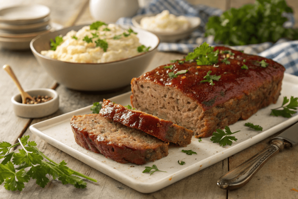 A moist, perfectly baked meatloaf sliced and served with parsley garnish and mashed potatoes.