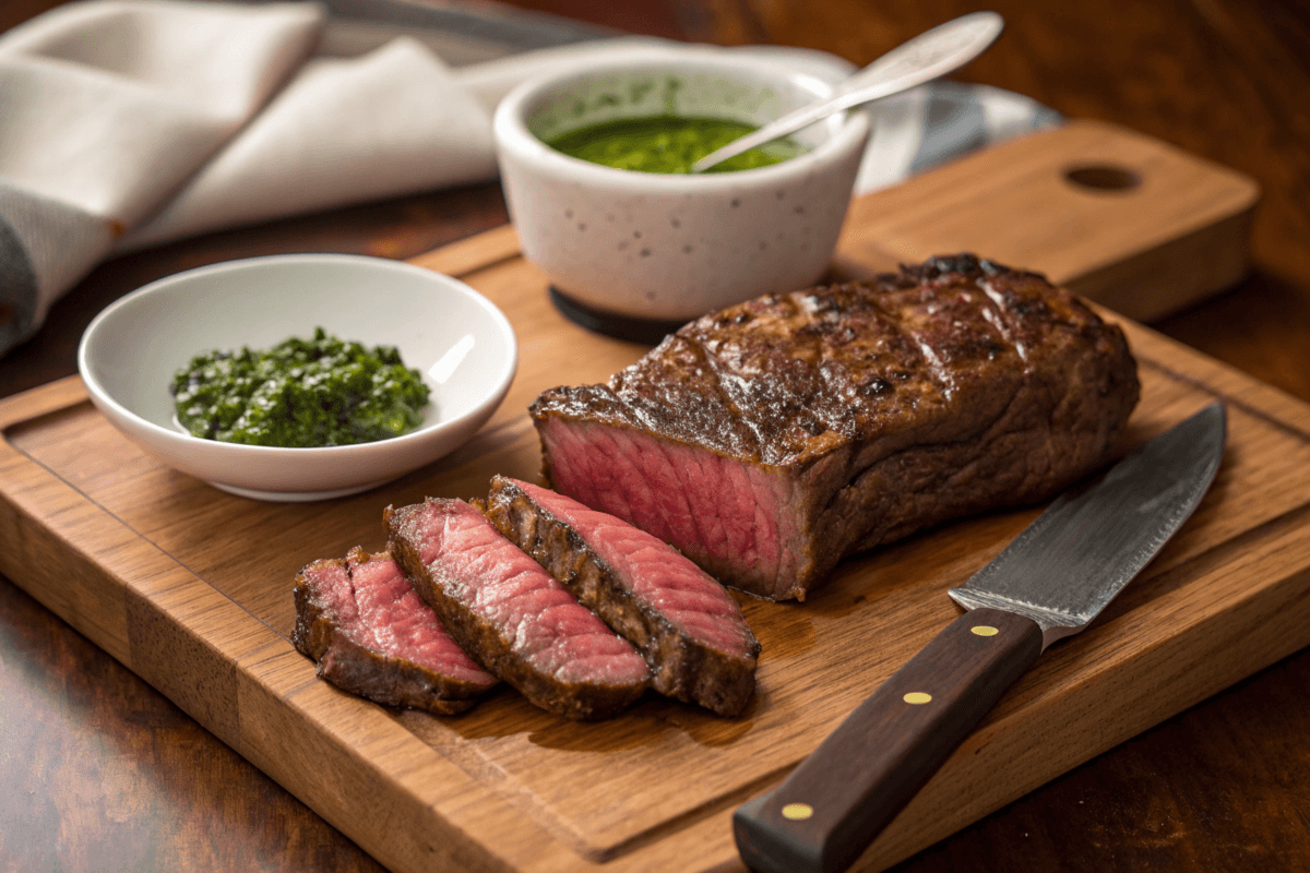 Juicy reheated steak on a cutting board with chimichurri.