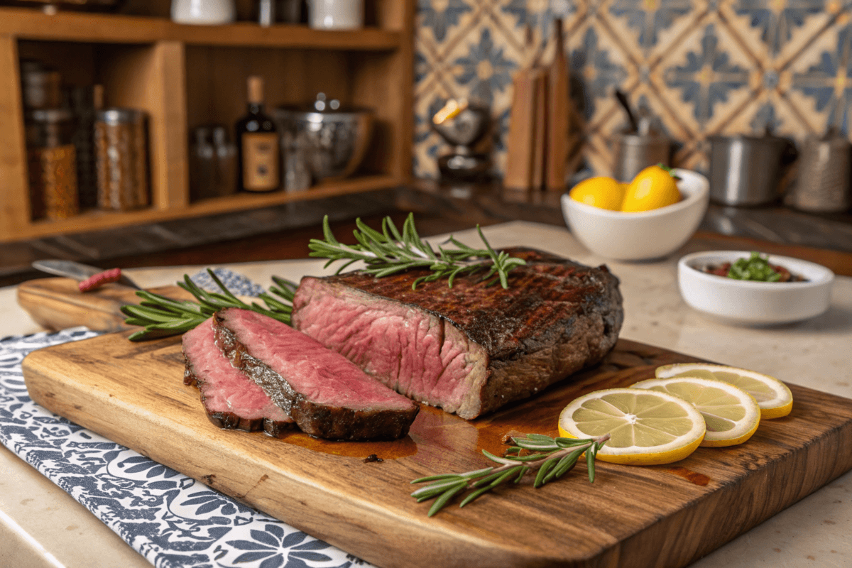 Perfectly reheated steak on a cutting board with rosemary.