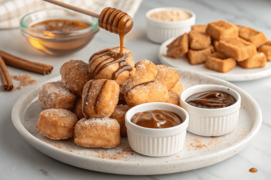 Plate of assorted fried dough with sweet toppings and dipping sauces.