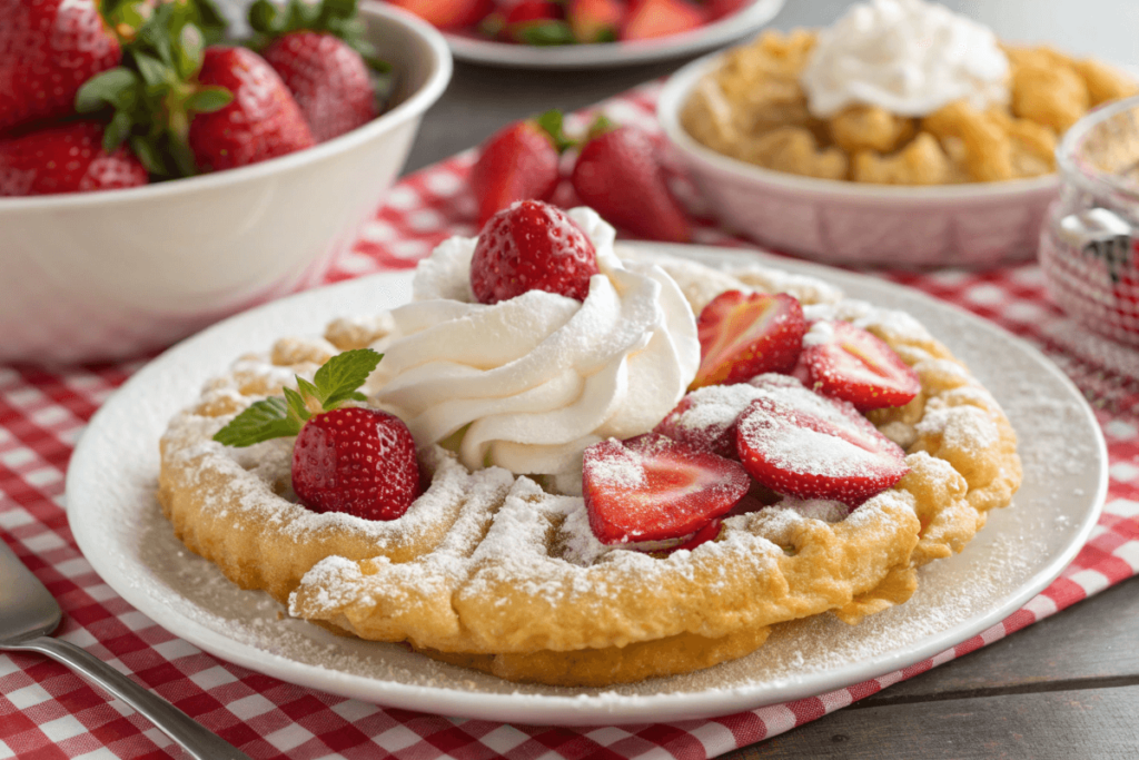 Funnel cake with powdered sugar, strawberries, and whipped cream.