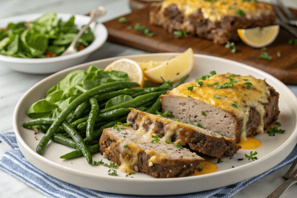 Plated Philly cheesesteak meatloaf with green beans and salad.