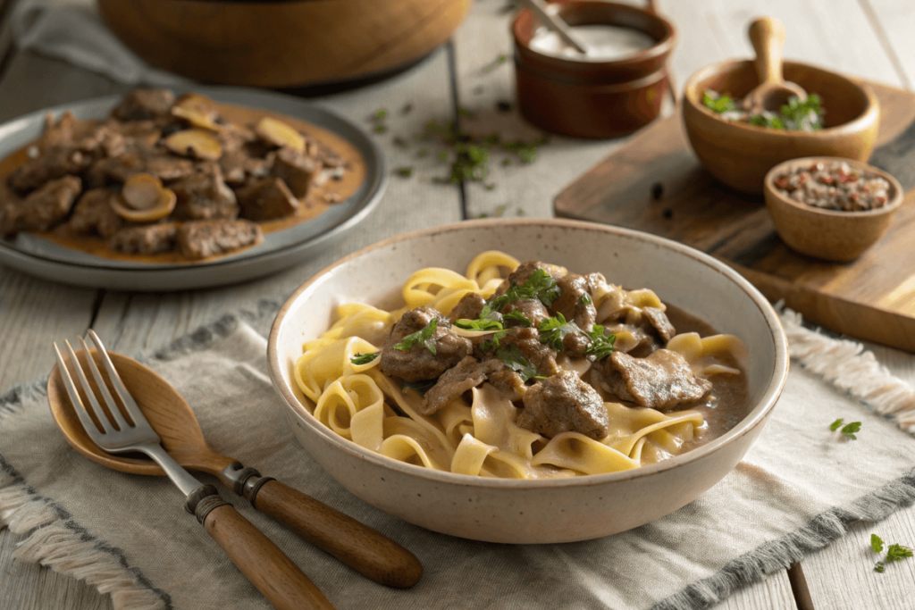 Traditional Beef Stroganoff on a rustic dinner table