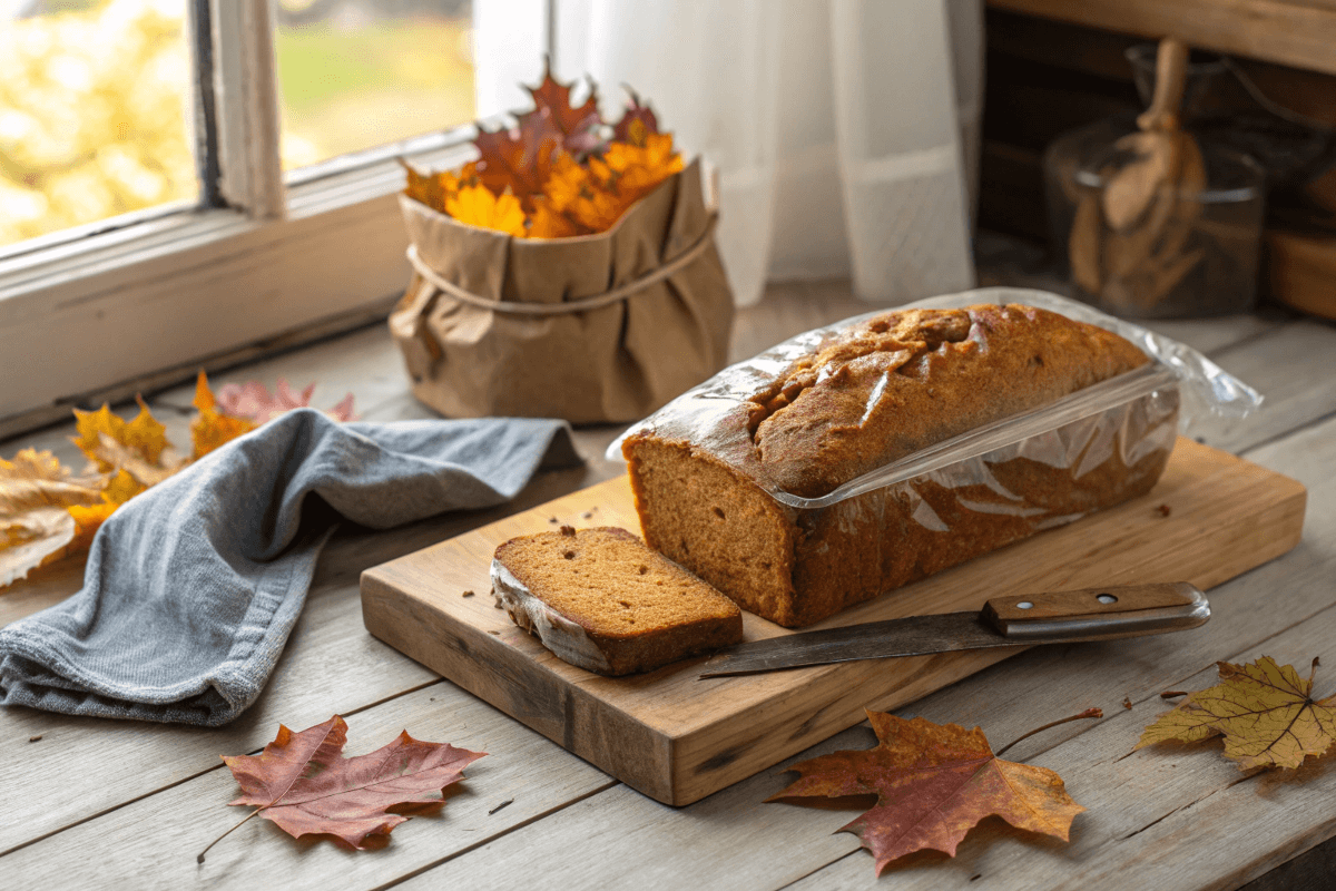 Freshly baked pumpkin bread partially wrapped on a rustic wooden board