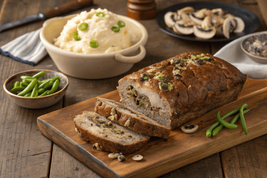 Philly cheesesteak meatloaf sliced with melted cheese and vegetables.