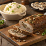 Philly cheesesteak meatloaf sliced with melted cheese and vegetables.