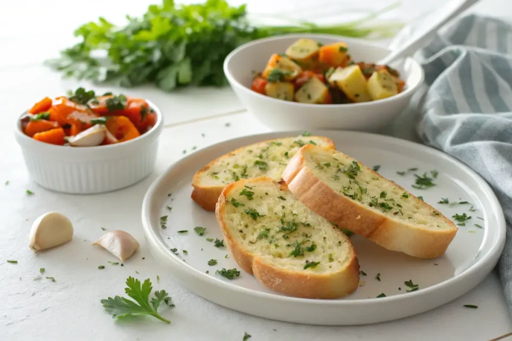 Garlic buttered baguette slices with roasted vegetables