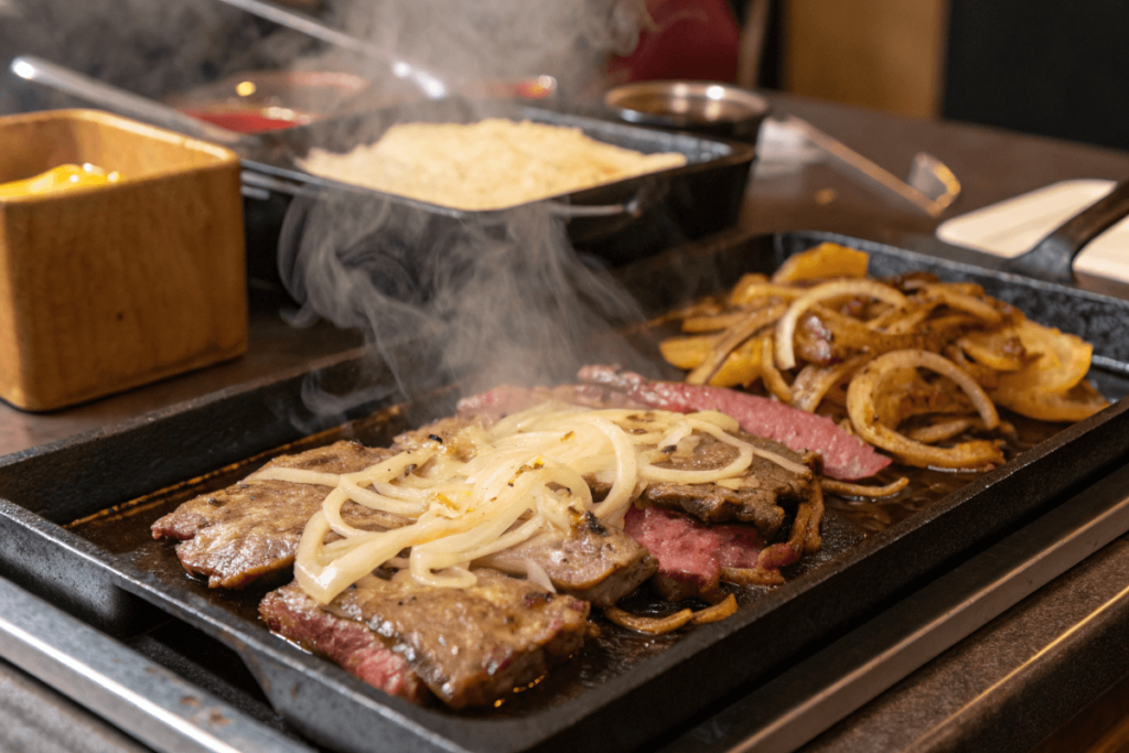 Thinly sliced steak cooking on a griddle with melted cheese and onions.