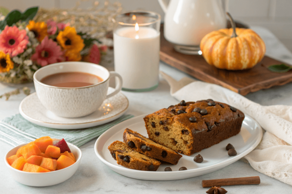 A slice of chocolate chip pumpkin bread with chai tea.