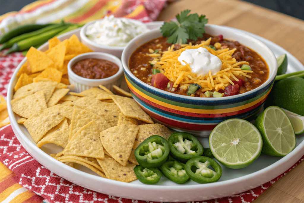 Taco soup with assorted toppings on a colorful platter