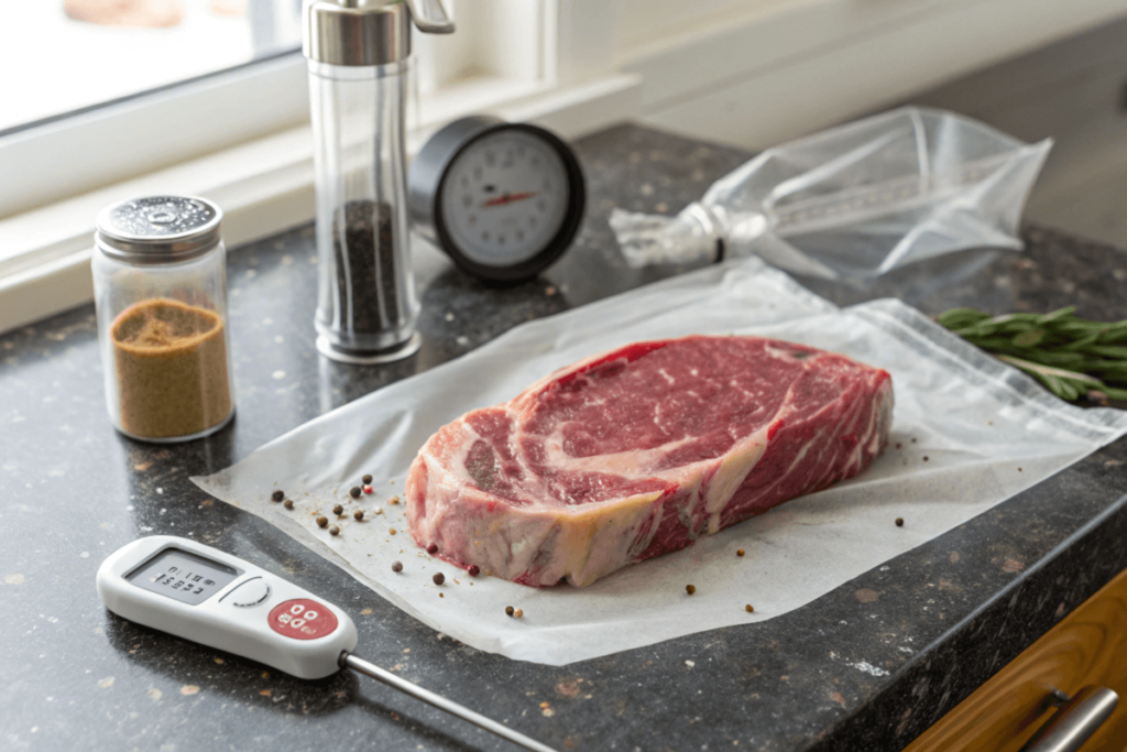 Steak brought to room temperature before reheating.