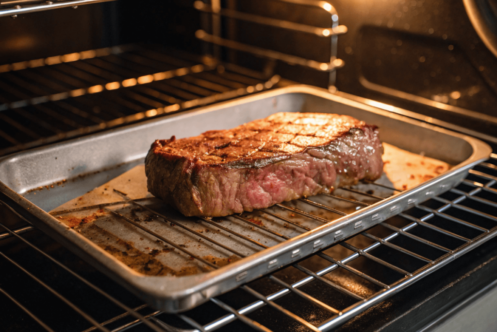 Steak on a wire rack ready for oven reheating